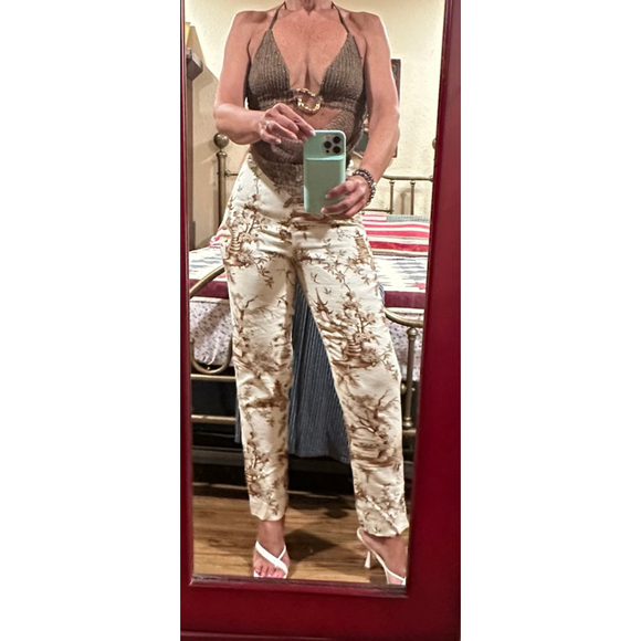 Women's Silk Club Collection Pants Size 6 Beige Brown Print Linen - Picture 1 of 11